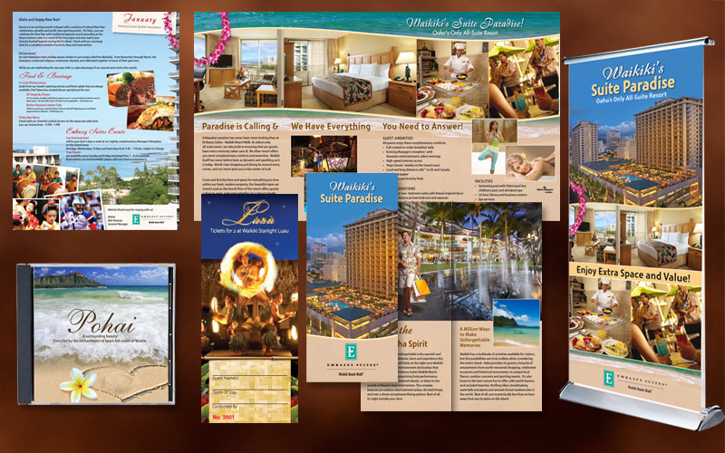 design of brochures, newsletters, flyers, trade show display for hotel